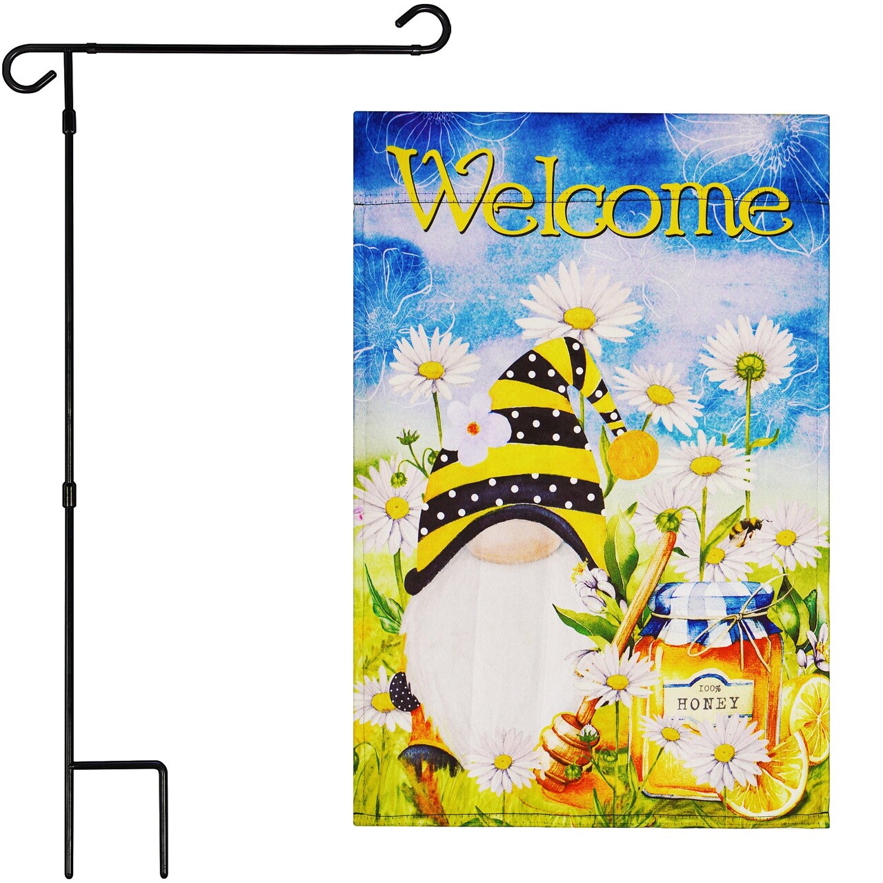 G128 Combo Pack: Garden Flag Stand Black 36 in x 16 in & Garden Flag Spring Decoration Welcome Bee Gnome with Honey 12"x18" Double-Sided Blockout Fabric